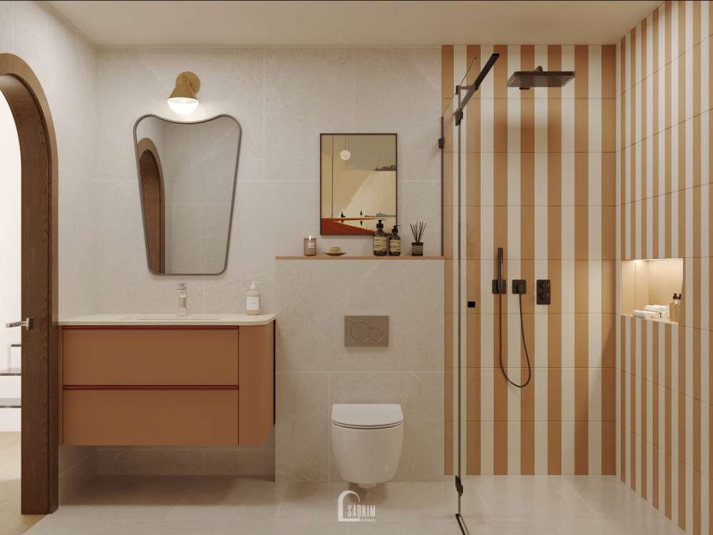 Thiết kế phòng tắm nhà phố phong cách Wabi Sabi với gam màu cam đất